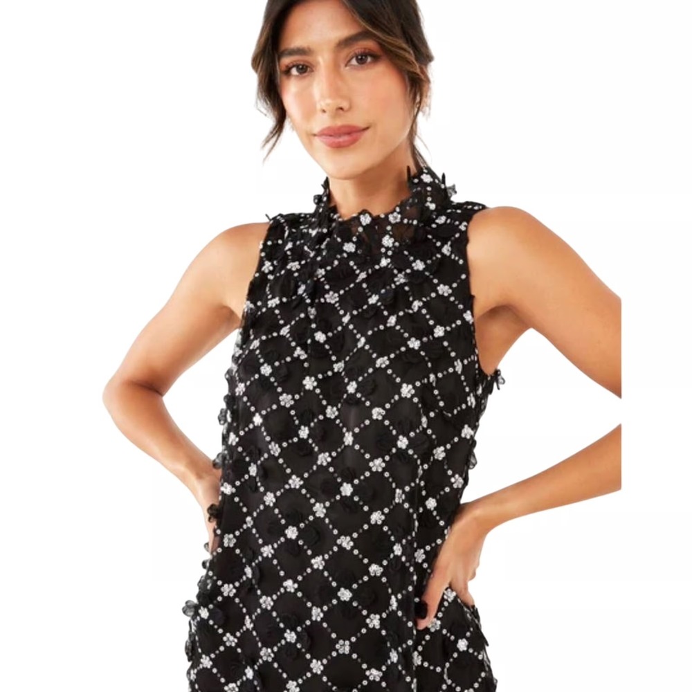 Abbey Glass Black 3D Floral Sequin Mesh Sleeveless High Neck Top NWT‎ sizeXS
